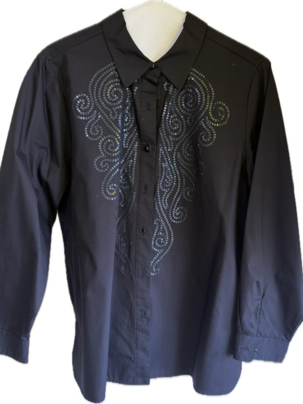 Bob Mackie Wearable Art Black Sequin Scroll Button Down Shirt Size L